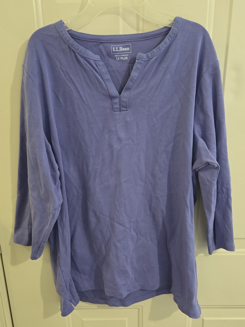 L.L. Bean Cotton Tunic Split Neck Periwinkle Blue 3/4 Sleeves 1X Coastal Outdoor